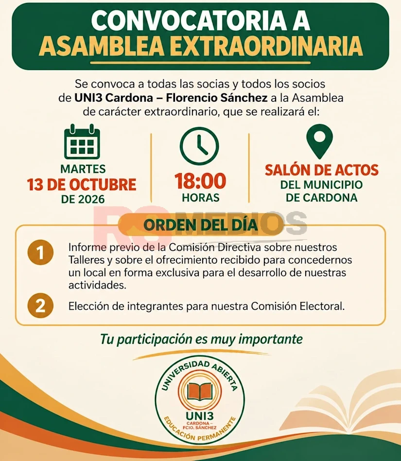 UNI3 Cardona convoca a asamblea extraordinaria para el 13 de octubre