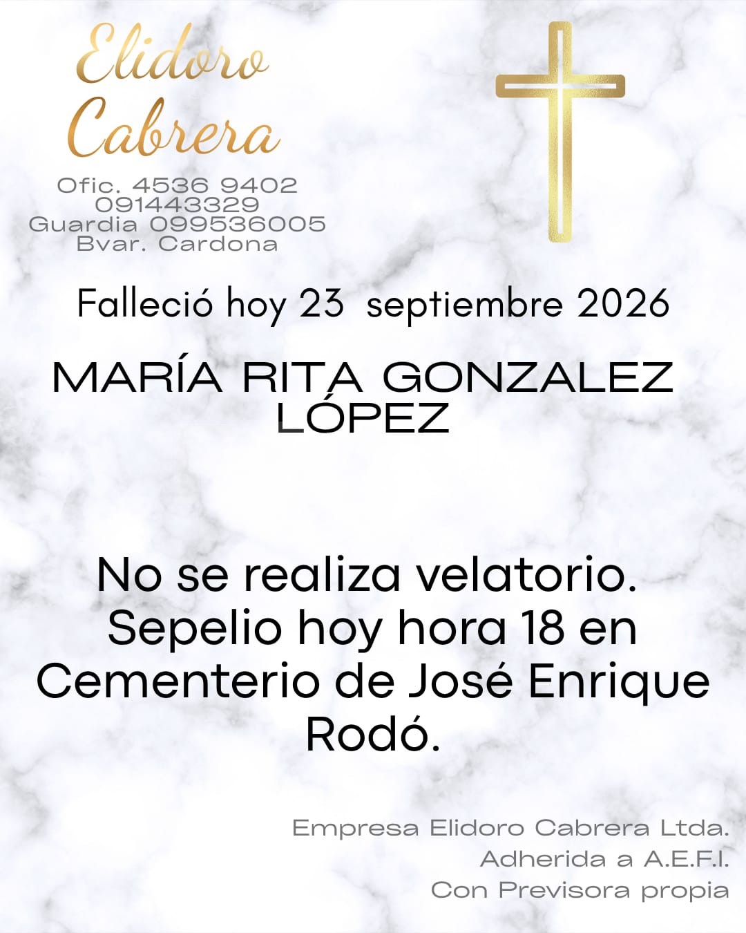 Falleció María Rita González López; será sepultada en el Cementerio de Rodó