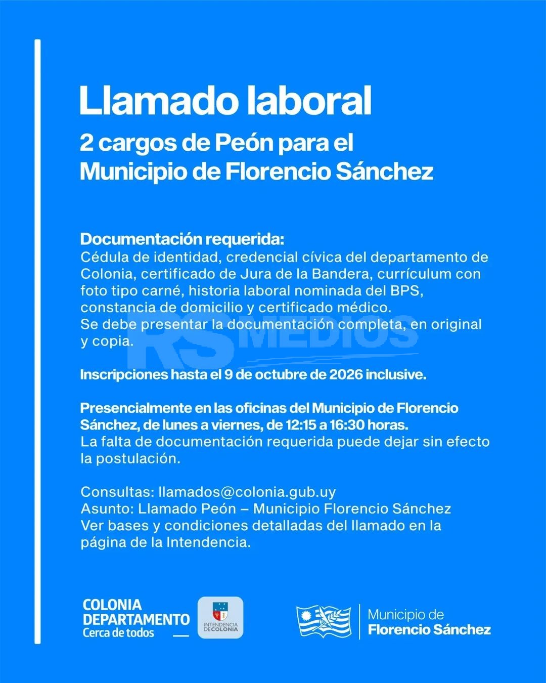 La Intendencia de Colonia abre dos cargos de peón para Florencio Sánchez