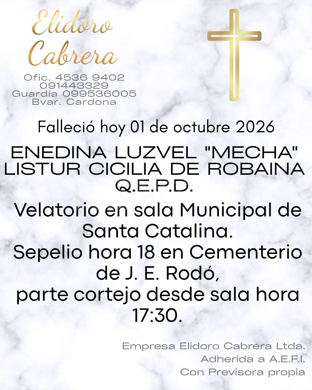 Falleció Enedina Luzvel Listur Cecilia De Robaina; velatorio y sepelio este 1 de octubre