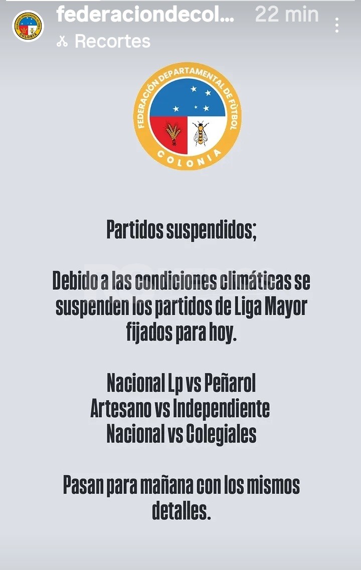 Suspendidos por lluvia los partidos de la Liga Mayor de Colonia