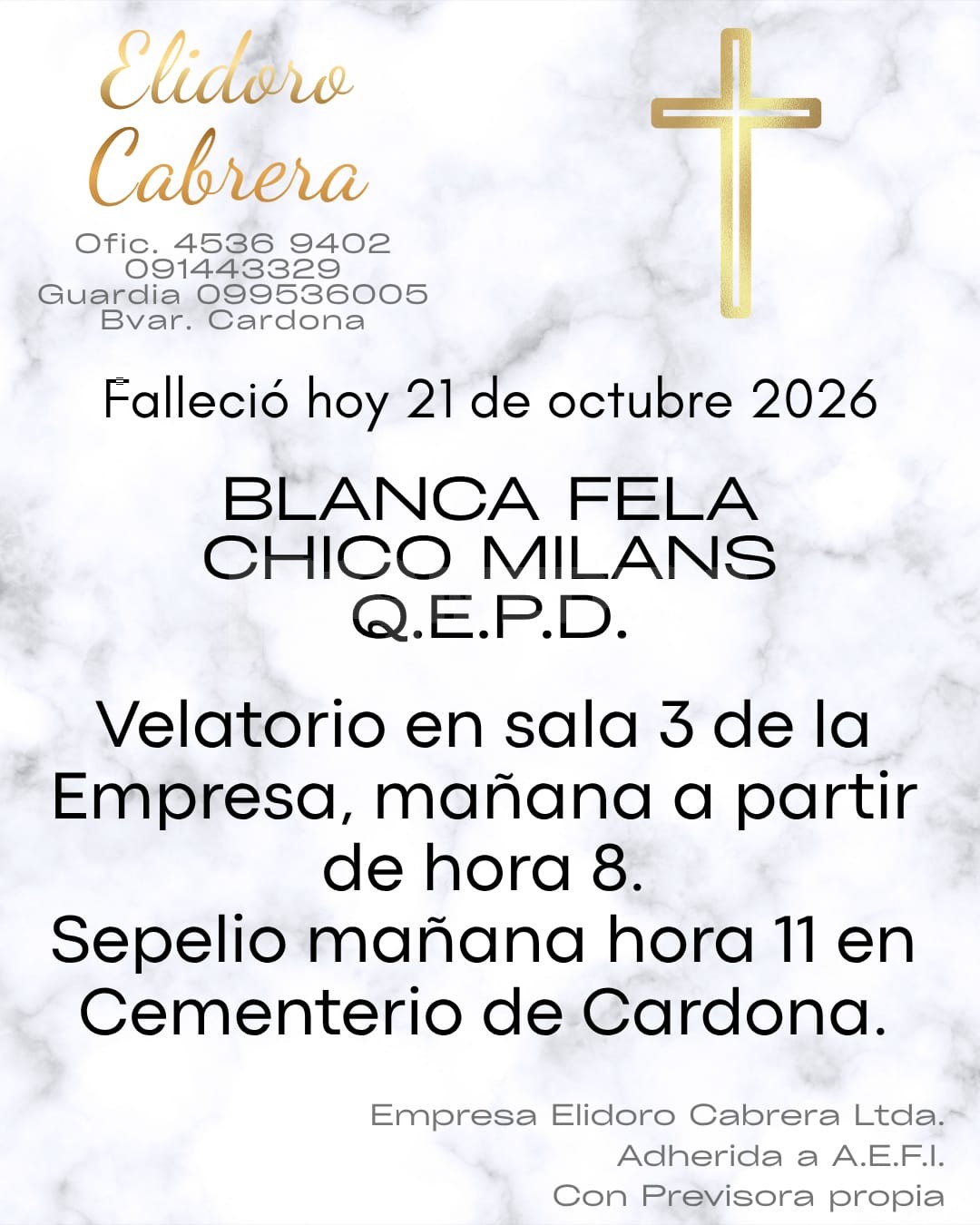 Falleció Blanca Fela Chico Milans; el sepelio será este jueves en Cardona