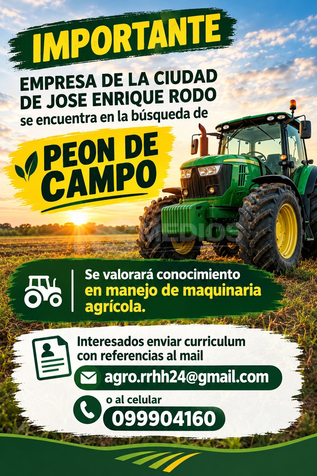 Empresa de José Enrique Rodó busca peón de campo con experiencia en maquinaria agrícola