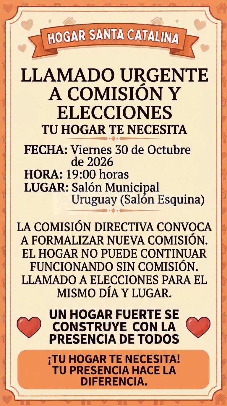Llamado Urgente para conformar Comisión del Hogar de Ancianos de Santa Catalina.