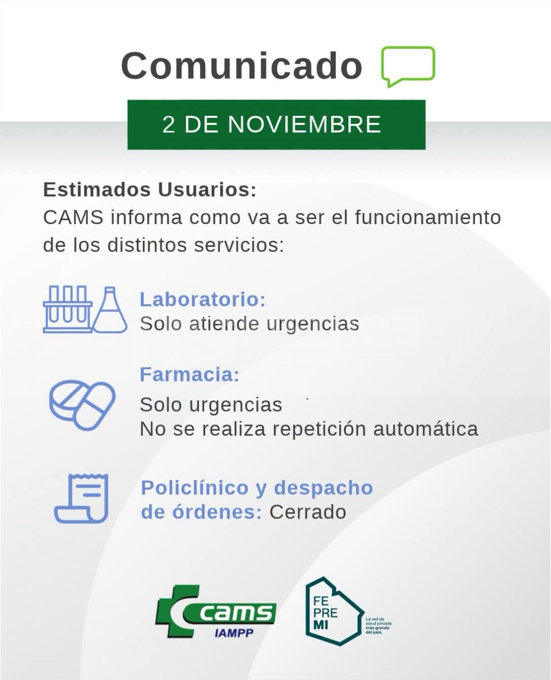 Cams informa servicios reducidos por el feriado del lunes 2 de noviembre