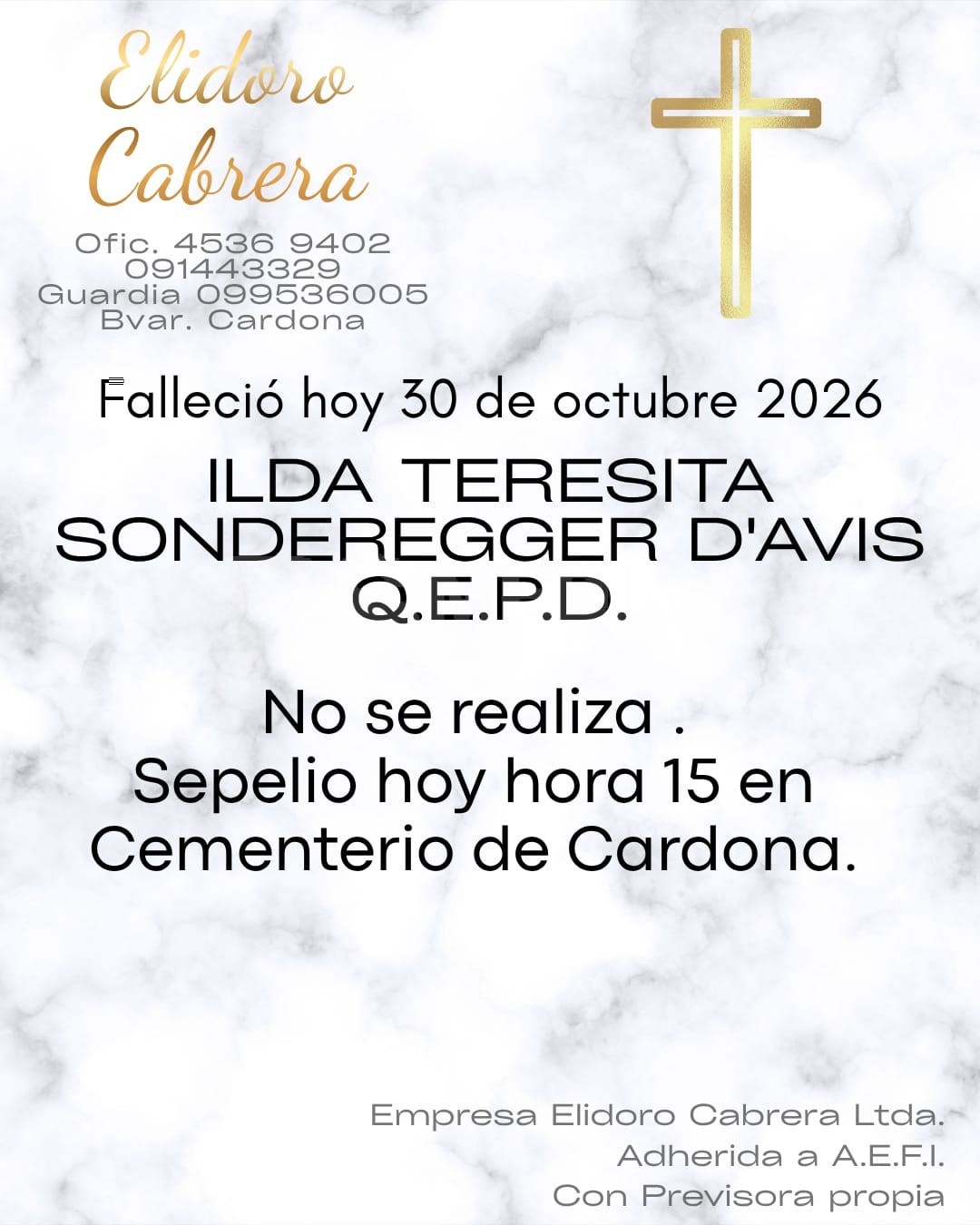 Falleció Ilda Teresita Sonderegger Davis y será sepultada en Cardona